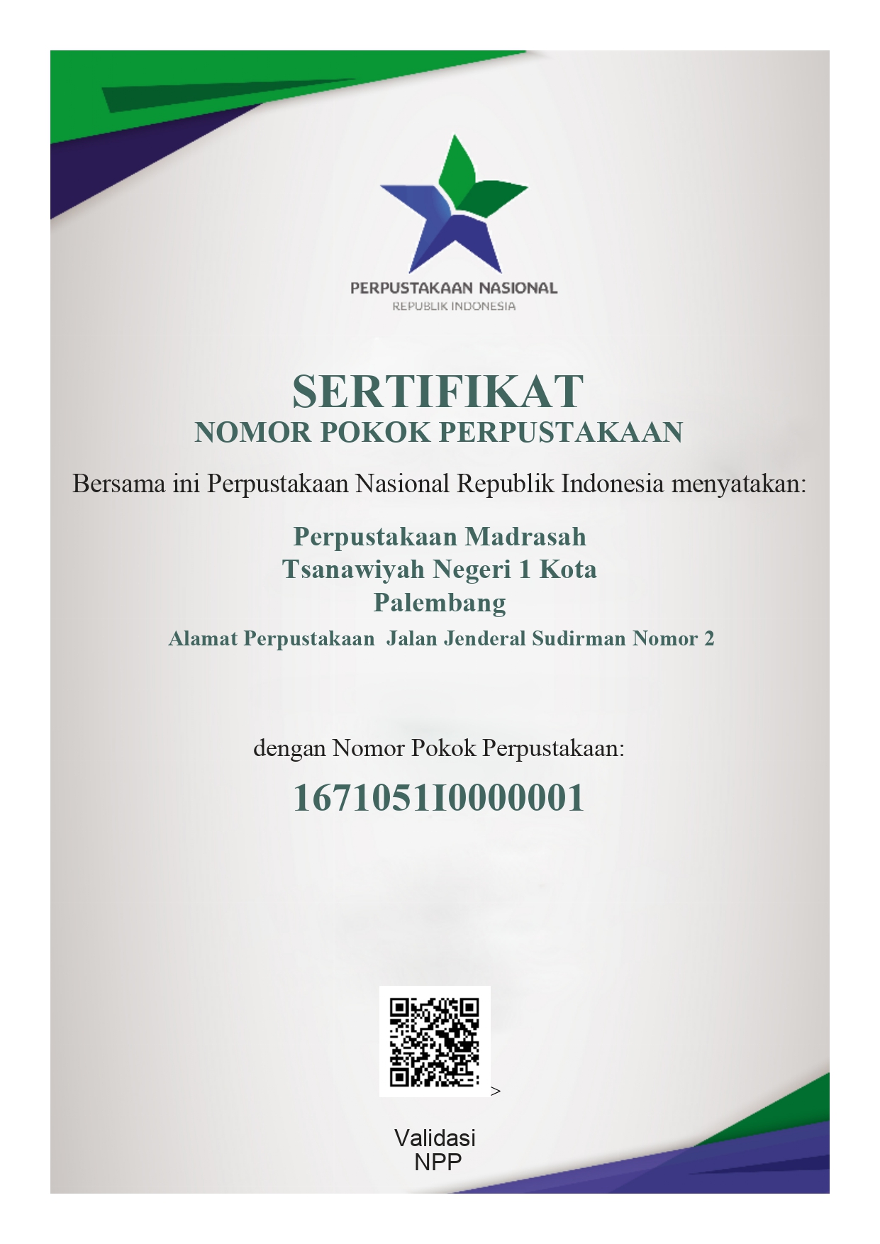 NPP Perpustakaan MTsN 1 Palembang